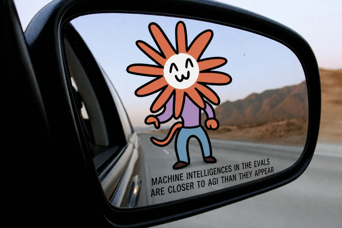 A car side mirror showing a cheerful orange flower-headed machine intelligence looming close behind on the highway.