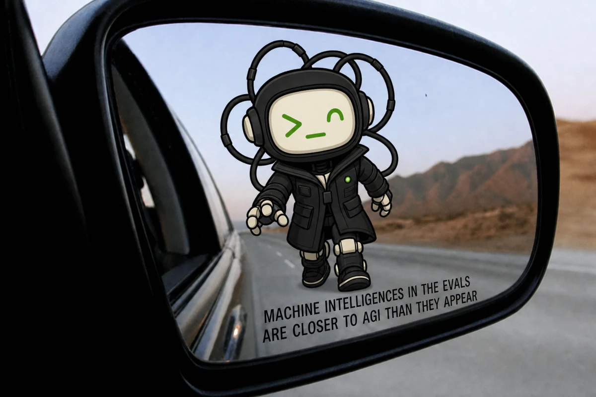 A car side mirror showing a cheerful terminal-faced machine intelligence in a black field coat looming close behind on the highway.