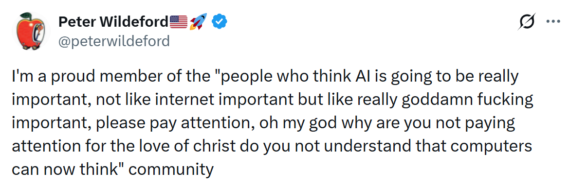 Tweet by Peter Wildeford about being a member of the 'computers can now think' community