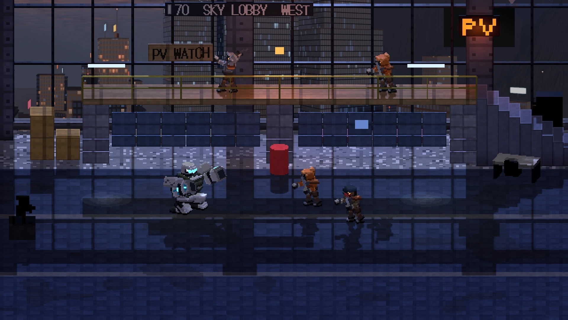 Sho lookout gallery, Blockwork interior at night, realistic dawn city through the glass