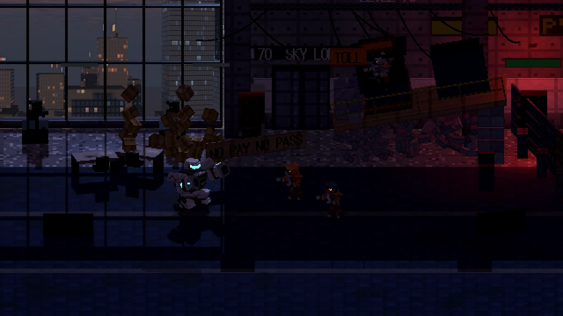 The Toll collapsed, blackout, dawn city through the glass