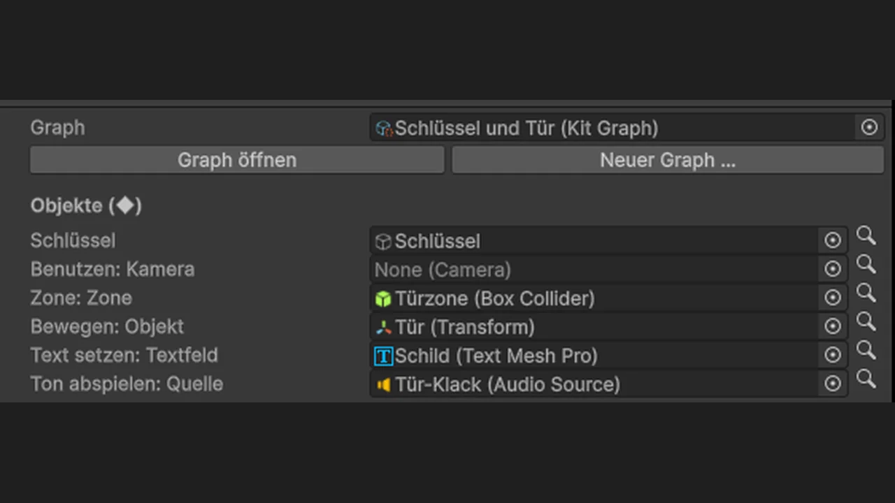 Die Liste Objekte (◆) im Inspector der Interaktion: Schlüssel = Schlüssel, Benutzen: Kamera = leer, Zone: Zone = Türzone, Bewegen: Objekt = Tür, Text setzen: Textfeld = Schild, Ton abspielen: Quelle = Tür-Klack. Neben jedem Platz eine Lupe.