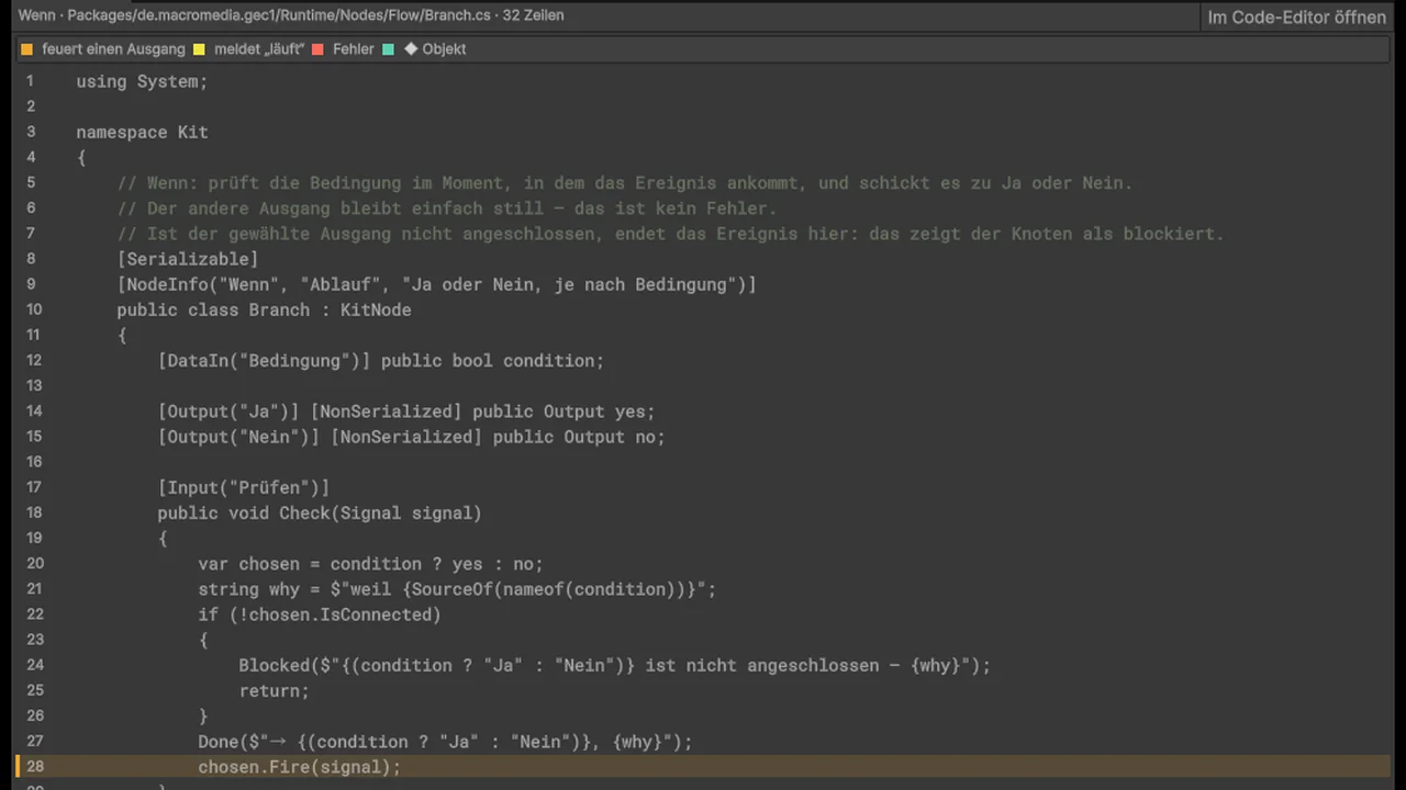 Das Fenster Code ansehen für den Knoten Wenn, Branch.cs mit 32 Zeilen. Zeile 28, chosen.Fire(signal), ist orange markiert: Dort feuert der Knoten Ja oder Nein.