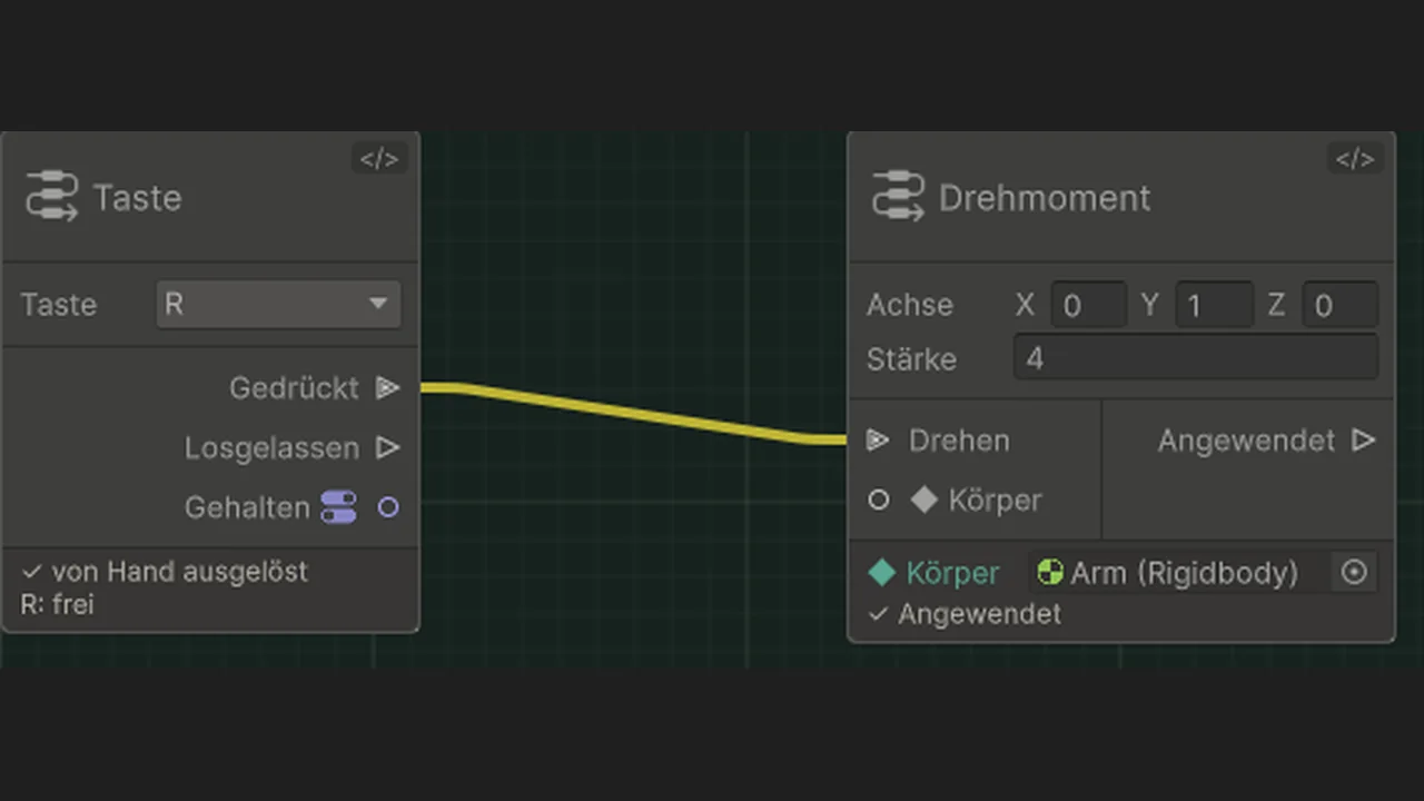 Ein Graph mit zwei Knoten im Play-Modus: Taste R, Ausgang Gedrückt, führt zu Drehmoment, Eingang Drehen. Drehmoment hat Achse 0, 1, 0, Stärke 4 und den Platz ◆ Körper = Arm (Rigidbody); darunter ein Häkchen: Angewendet.