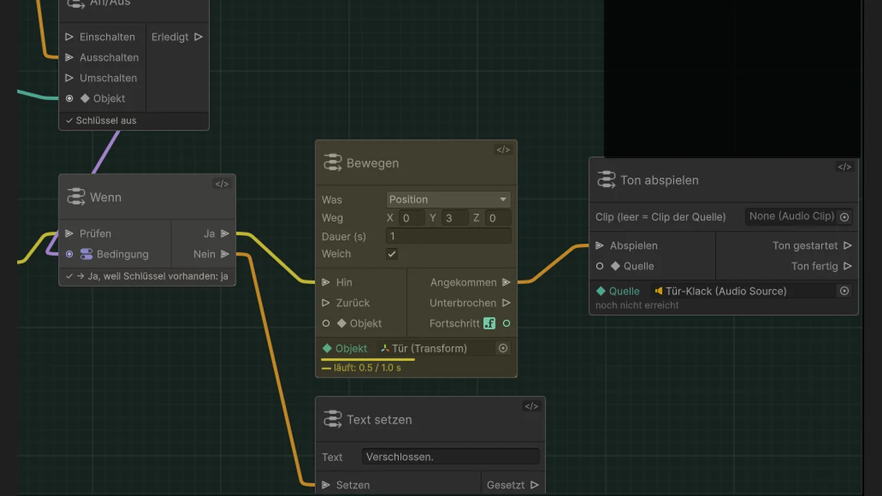 Der Graph im Play-Modus: Wenn trägt ein Häkchen mit „Ja, weil Schlüssel vorhanden: ja“, Bewegen ist gelb hinterlegt und meldet „läuft: 0,5 / 1,0 s“, Ton abspielen steht auf „noch nicht erreicht“.