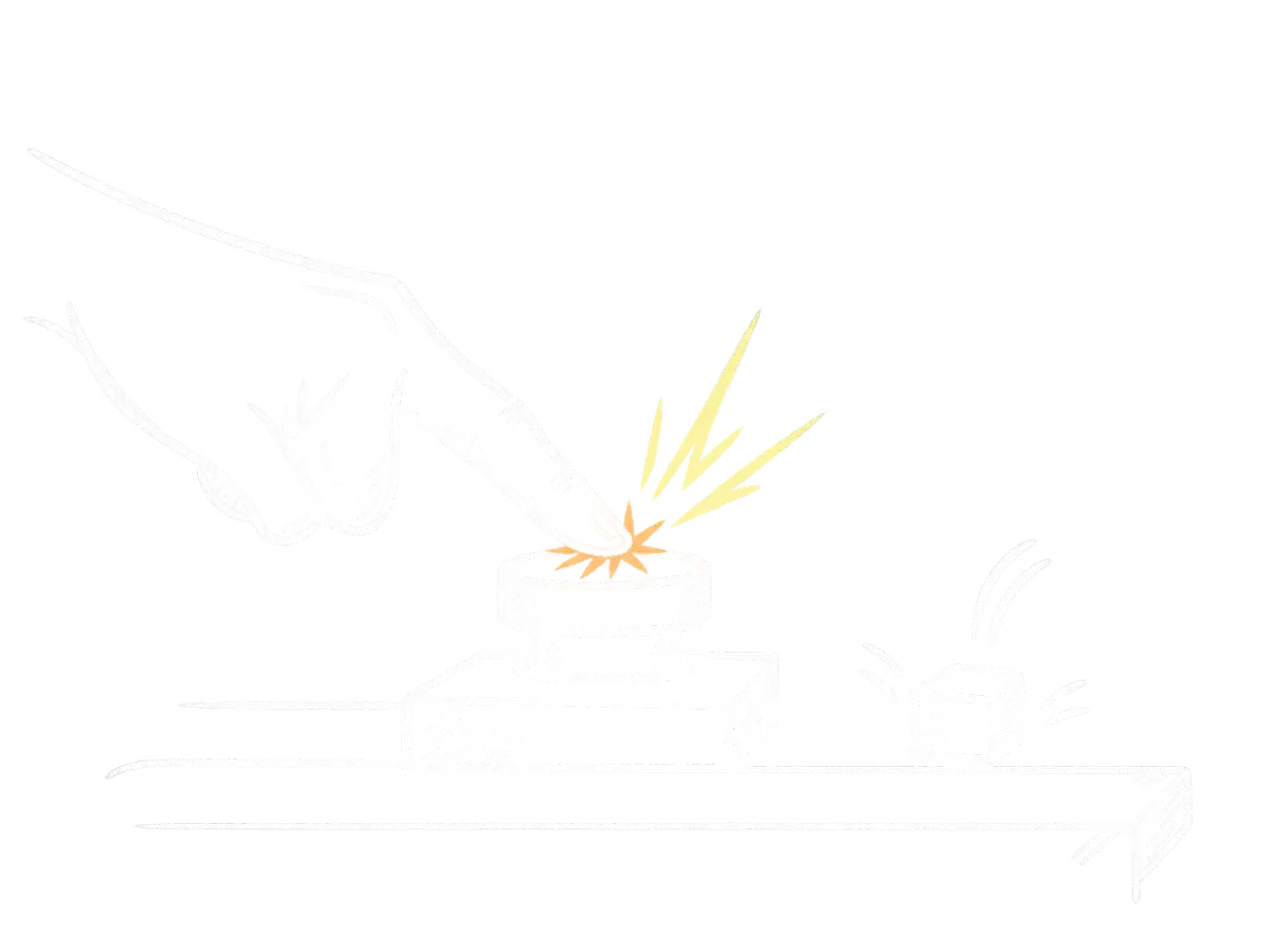 Eine Hand drückt einen großen Knopf; ein gelber Funke und die Bewegung eines Würfels zeigen die unmittelbare Reaktion.