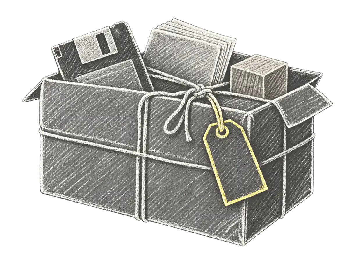 Kreidezeichnung eines verschnürten Abgabepakets mit Diskette, Papier, Würfel und gelbem Anhänger.